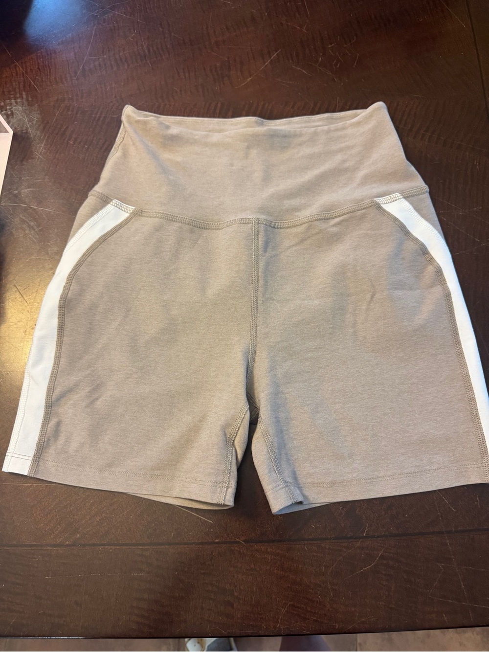 Beyond Yoga Taupe High-Waist Athletic Shorts with White Side Panels